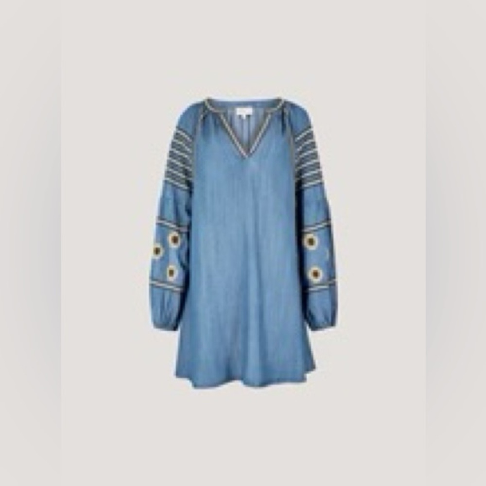 APRICOT 🍑- Blue Embroidered Long Sleeve V-Neck Dress - Picture 6 of 6